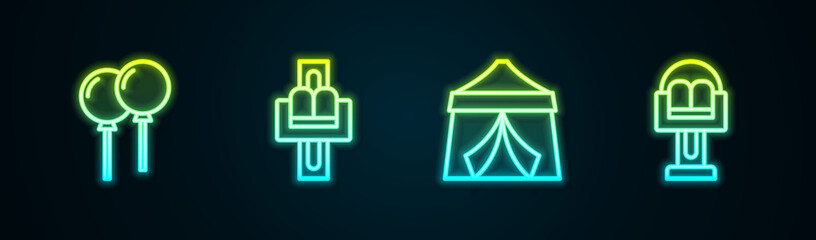 Set line Balloons with ribbon, Attraction carousel, Circus tent and . Glowing neon icon. Vector