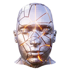 Shattered Polygonal Metal Human Head With Yellow Glowing Cracks
