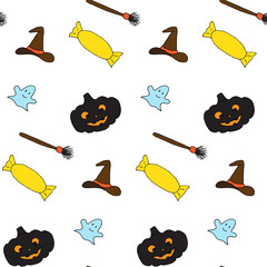 Funny Halloween seamless pattern. Colorful design on white. Ghost, smiling pumpkin, candy, witch hat and broom. Funny cartoon wallpaper for textile, gift wrap, wallpaper, and fabric. Endless design