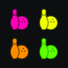 Bowling four color glowing neon vector icon