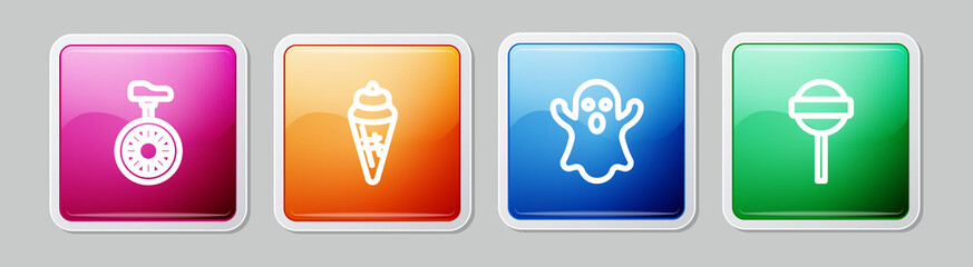 Set line Unicycle or one wheel bicycle, Ice cream in waffle cone, Ghost and Lollipop. Colorful square button. Vector
