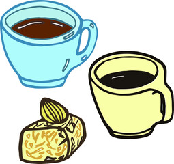Vector hand drawn colored doodles bar utensil, coffee objects, americano cup, cookies, milk jug