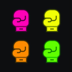 Boxing Gloves four color glowing neon vector icon