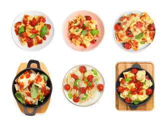 Set of tasty ravioli with tomato sauce on white background, top view