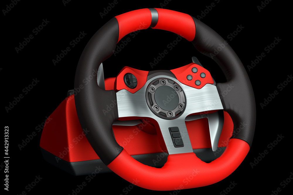 Poster realistic leather steering wheel isolated on a black background.