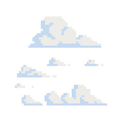 Clouds pixel art set isolated vector illustration, 8-bit video game sprite.