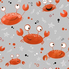 Seamless pattern with red crabs and other elements on a gray background. Cartoon style illustration. Design for clothing fabric and other items.