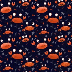 Seamless pattern with orange crabs and other elements on a dark background. Cartoon style illustration. Design for clothing fabric and other items.