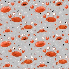 Seamless pattern with red crabs and other elements on a gray background. Cartoon style illustration. Design for clothing fabric and other items.