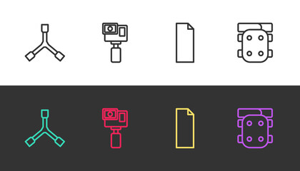 Set line Skateboard Y-tool, Action camera, Grip tape skateboard and Knee pads on black and white. Vector