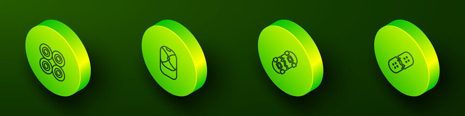 Set Isometric line Skateboard wheel, Baseball cap, Broken skateboard and deck icon. Vector