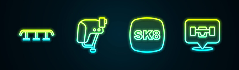Set line Skateboard stairs with rail, helmet, and wheel. Glowing neon icon. Vector