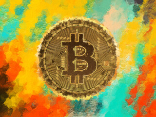 Art about crypto coin Bitcoin on a colorfull oil paint background 