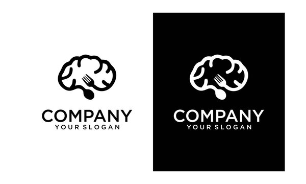 Think Food Vector Logo Template. A Creative And Unique Logo Design Featuring Human Brain With Spoon And Fork. This Logo Can Be Easily Resize And Colors Can Be Changed To Fit Your Project