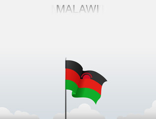 The flag of Malawi flies on a pole standing tall under a white sky