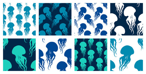 Hand drawn jellyfish seamless pattern background set © Mara Fribus
