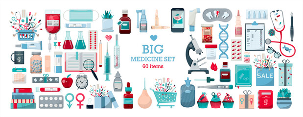Big vector medical set. Medicine cartoon pill, drug, table, antibiotics, medication dose flat icons. First aid. International health protection, insurance.Medicine and surgery.Vaccination, online