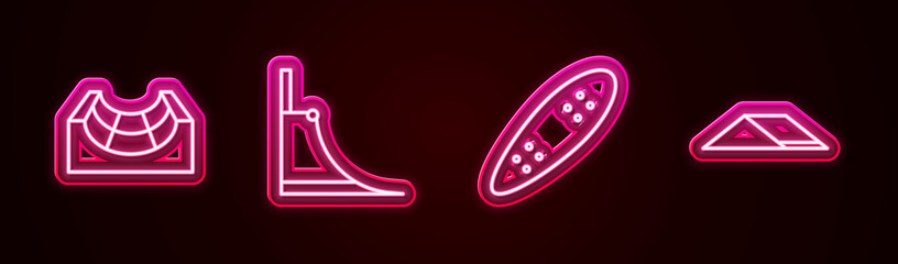 Set line Skate park, , Longboard or skateboard and . Glowing neon icon. Vector