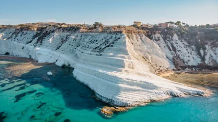 Wall murals Scala dei Turchi, Sicily Scala dei Turchi,Sicily,Italy.Aerial view of white rocky cliffs,turquoise clear water.Sicilian seaside tourism,popular tourist attraction.Limestone rock formation on coast.Travel holiday scenery