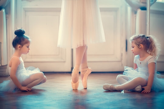 Two little funny ballerinas are looking with delight at feet in pointe shoes of dancing adult ballerina. Image with selective focus and toning