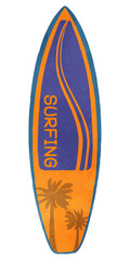 Illustration of a surfboard with palm trees