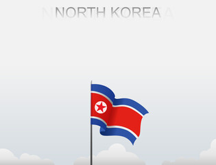 North Korea flag flutters on a pole standing tall under a white sky