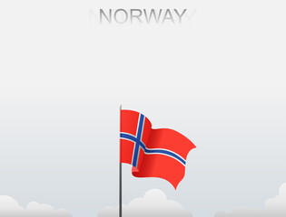 Norway flag flutters on a pole standing tall under a white sky