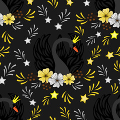 Naklejka na ściany i meble Black swan, flowers, stars, grey background. Seamless pattern, vector.