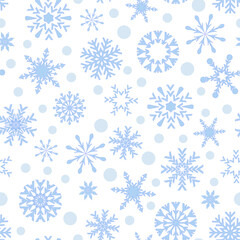 Fototapeta na wymiar Different blue snowflakes on white background. Seamless pattern, vector.