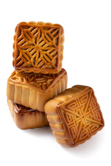 Delicious moon cake for Mid-Autumn Festival food isolated on white table background.