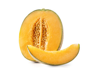 Close up of beautiful slices cantaloupe isolated on white background.