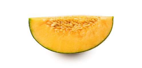 Close up of beautiful slices cantaloupe isolated on white background.