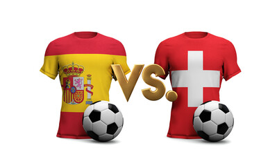 Spain Vs. Switzerland soccer match. flags with football. 3D Rendering