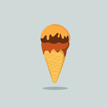 Chocolate ice cream cone coated with cocoa, delicious cartoon image. summer concept vector illustration