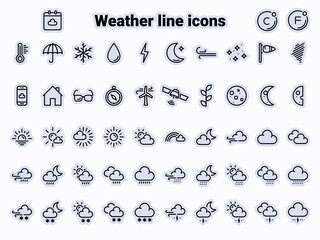 Set of black vector icons, isolated against white background. Flat illustration on a theme weather symbols and signs. Line, outline, stroke