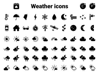 Set of black vector icons, isolated against white background. Flat illustration on a theme weather symbols and signs. Fill, glyph