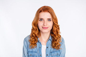 Photo of charming young nice positive lady good mood face wear denim shirt isolated on grey color background