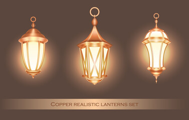 Copper realistic classical lanterns set. Three isolated vector illustrations of english glowing metal lamps on a brown background
