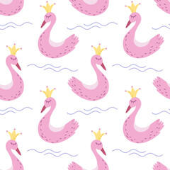Swan princess seamless pattern. Vector fairy tale cute illustration in hand drawn scandinavian cartoon style. The pastel palette is ideal for children's clothing, textiles.
