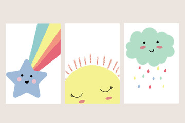 Set of posters yellow sleepy moon blue star cloud for baby room decoration Childish style pink color Perfect printable decoration room Kids wall art design Vector illustration big set