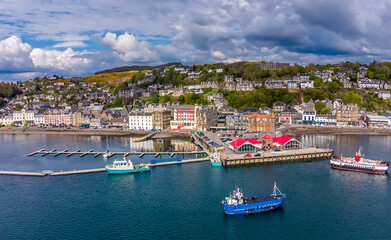 A panorama aerial view across the marina in the town of Oban, Scotland on a summers day