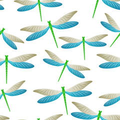 Dragonfly cartoon seamless pattern. Summer dress textile print with flying adder insects. Graphic