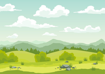 Spring landscape with green grass, hills, blue sky with clouds. Nature countryside background in flat cartoon style. Beautiful banner with field and tree