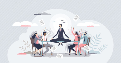 Conflict management and make compromise and mediation tiny person concept. Fighting, arguing and confrontation in workplace between opponents vector illustration. Calm communication despite discussion - obrazy, fototapety, plakaty