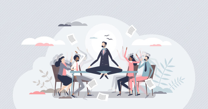Conflict management and make compromise and mediation tiny person concept. Fighting, arguing and confrontation in workplace between opponents vector illustration. Calm communication despite discussion