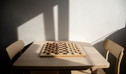 a wooden chessboard with white and brown checkers on a light table surface, in a room, during the...