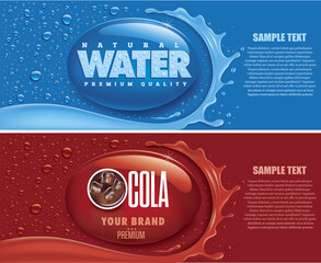 water and cola splash with many drops and place for text	
 - obrazy, fototapety, plakaty