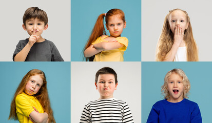 Art collage made of portraits of little and happy kids isolated on multicolored studio background....