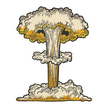 recommend clip art: Nuclear bomb explosion line art sketch engraving vector illustration. T-shirt apparel print design. Scratch board imitation. Black and white hand drawn image.