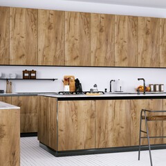 Contemporary Kitchen with Medium Toned Wooden Cabinets, White Planks Floor and Quartz Counter-tops.